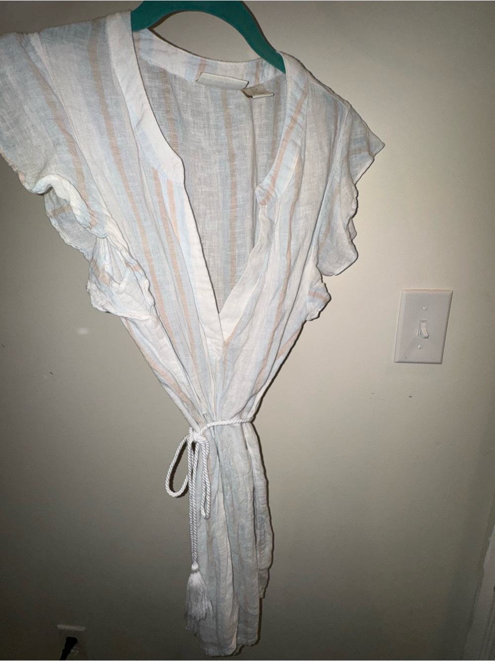 Cynthia Rowley White with Beige & Light Blue Striped Tie-Waist Cover-Up Robe